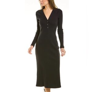 James Perse Henley Midi Dress Long Sleeve V-Neck Buttons Black Size 1